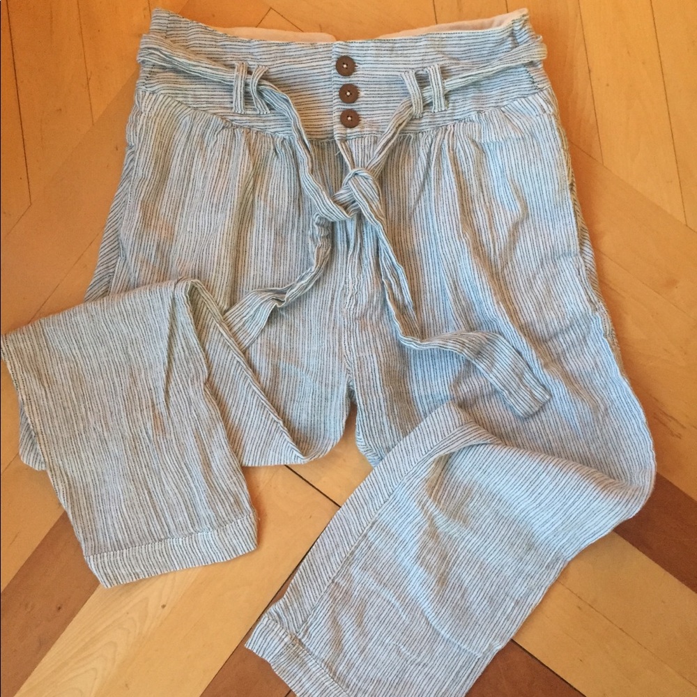 Breezy pin striped linen pants with belted waist
